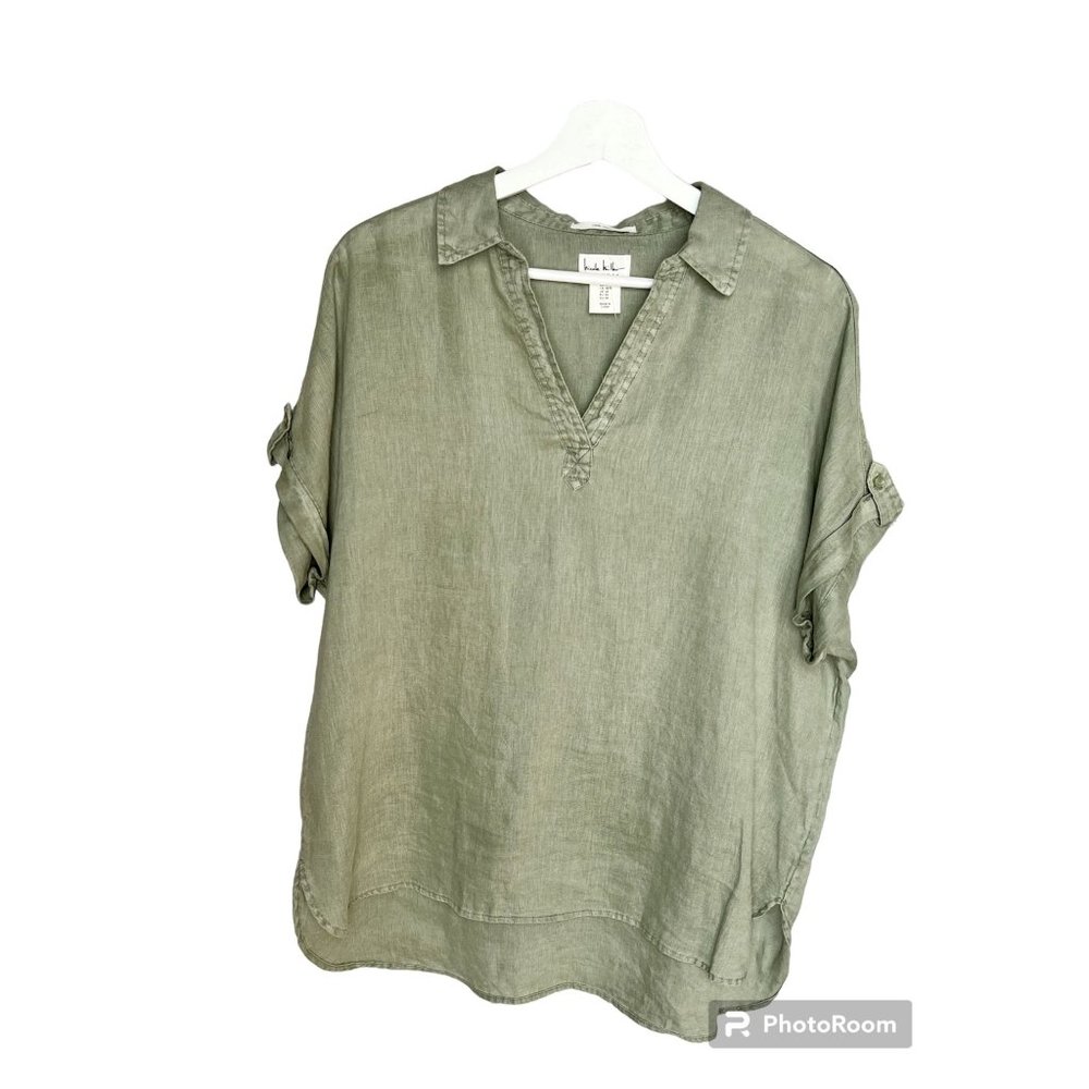 Nicole Miller 100% Linen Boxy Popover Top with Cuffed Short Sleeves Hi-Lo Size M